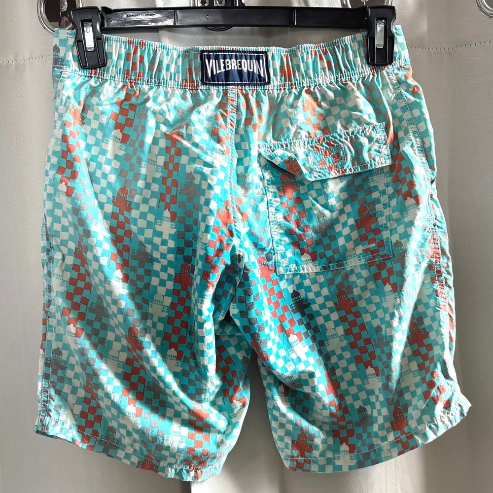 Vilebrequin Men Swim Shorts Small Lighthouse Checkered Teal Nautical Beach 21442